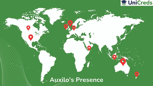 Map of Auxilo Education Loan NBFC indicating its global presence