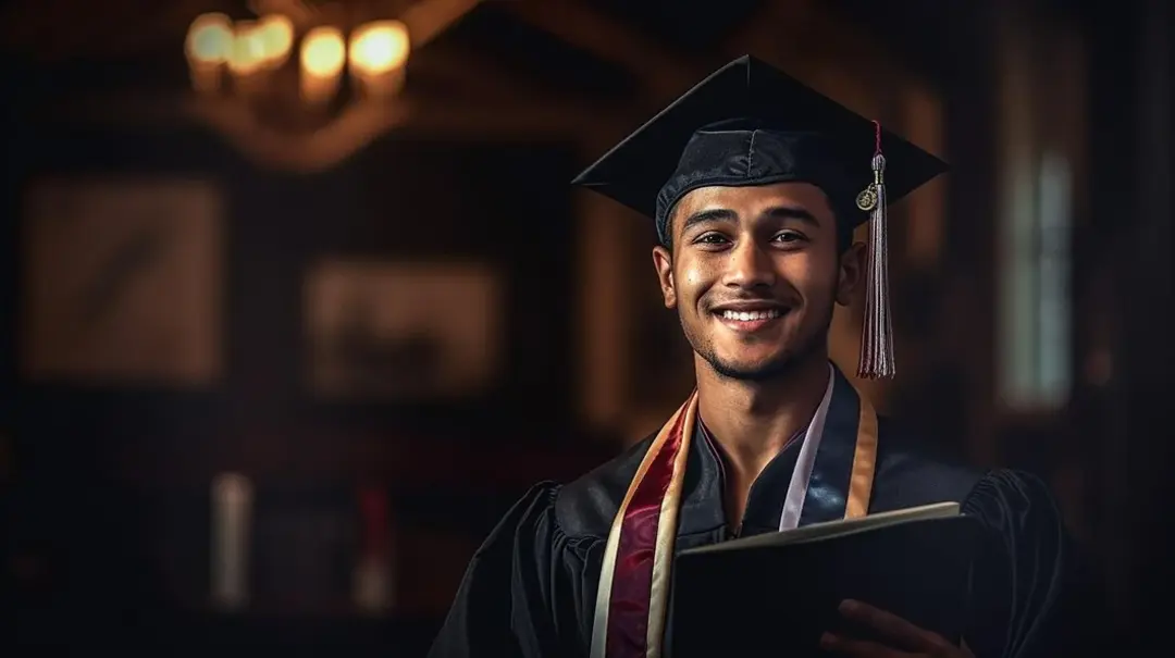 Young man in a graduation gown excitedly holds a book, symbolizing academic achievement & potential scholarships for Indian students studying abroad in 2024.