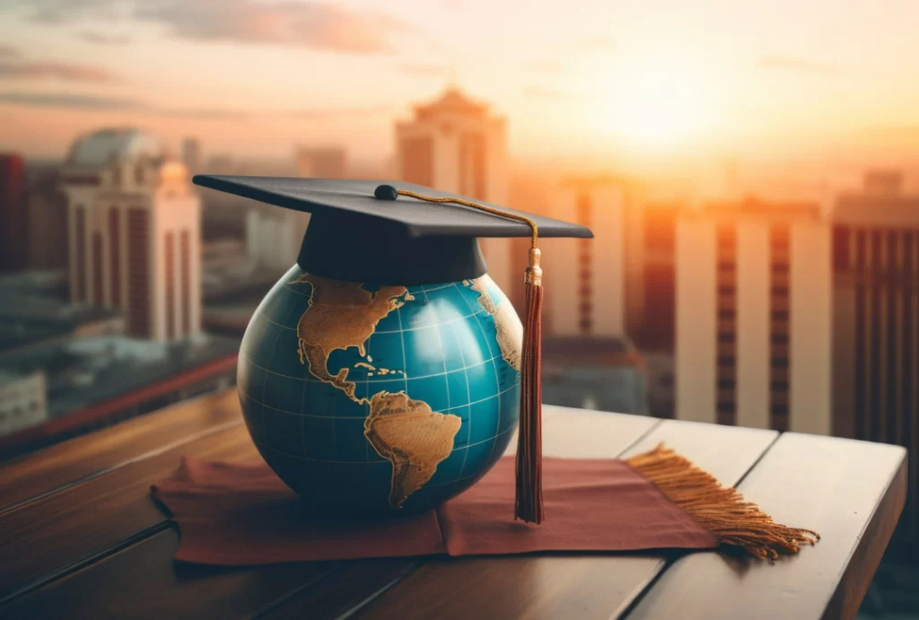 Graduation cap on earth globe with cityscape background, symbolizing global opportunities for Indian students pursuing MBA scholarships in the UK.