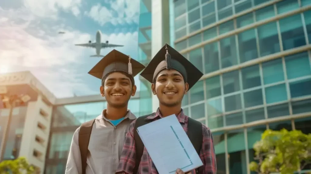 Two students standing in front of a commercial bank, happy about getting their loan sanctioned after comparing Avanse Vs. Leap Finance education loans!