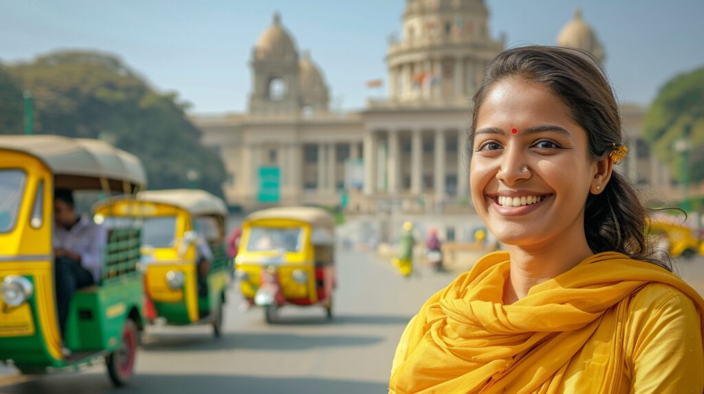 A girl standing near bank for education loan in Bangalore.