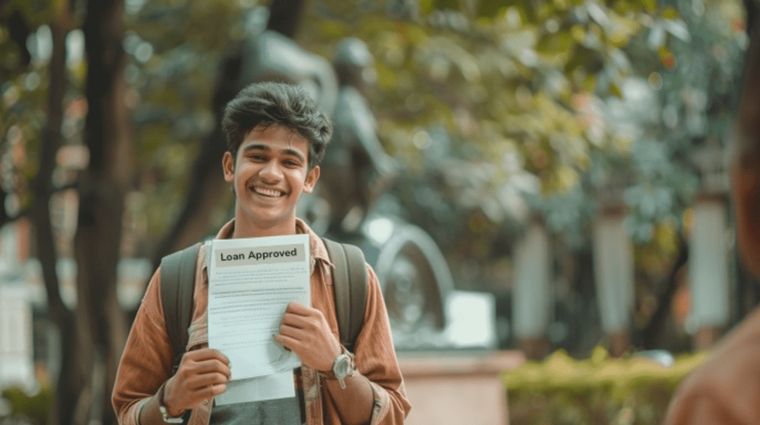 A boy with loan sanction letter in his hand happy that his education loan in Hyderabad is approved!
